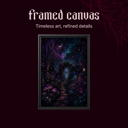 The Midnight Garden shown as a black framed canvas on a deep red background beneath the heading Framed Canvas — Timeless art, refined details.