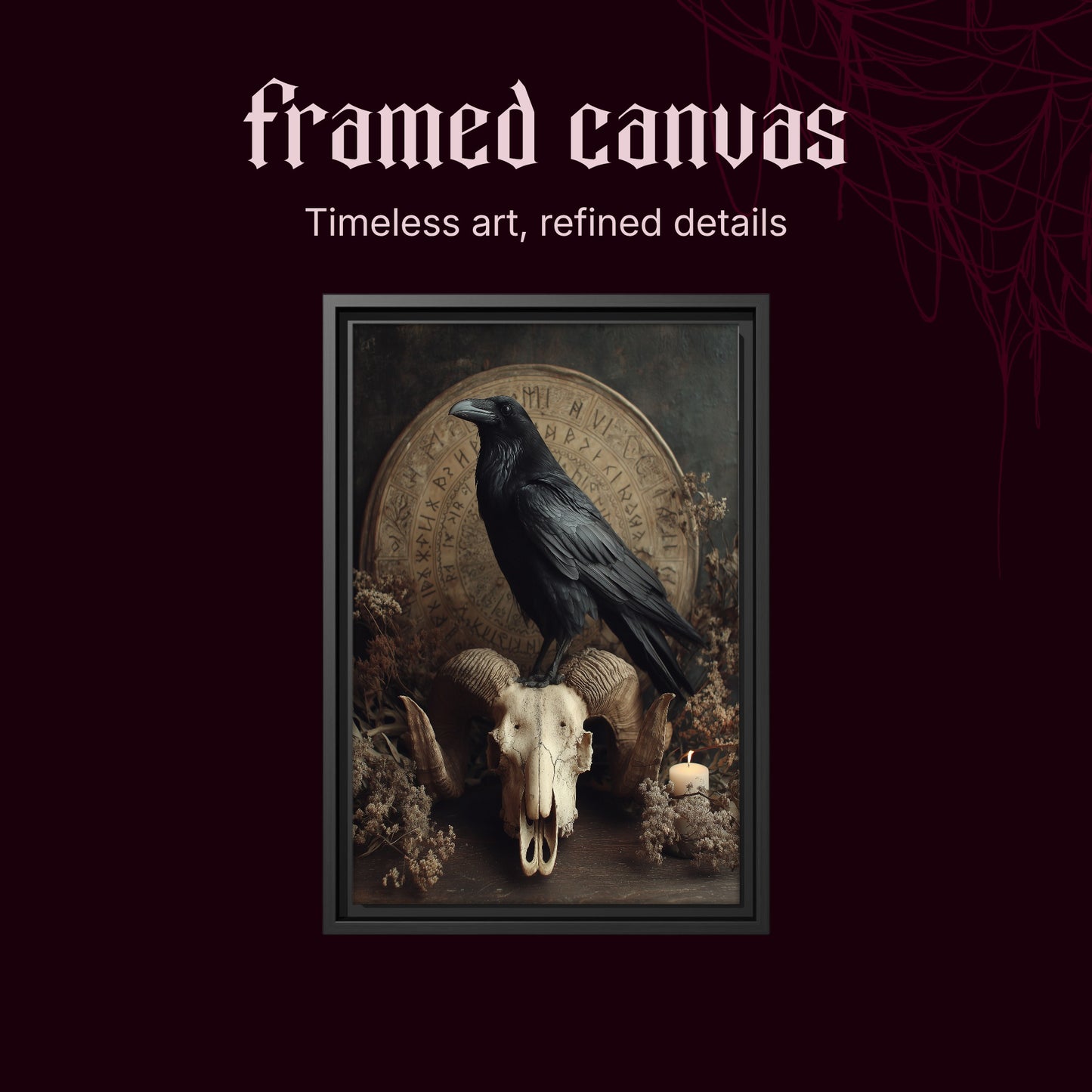 Hrafn shown as a black framed canvas on a deep red background beneath the heading Framed Canvas — Timeless art, refined details.