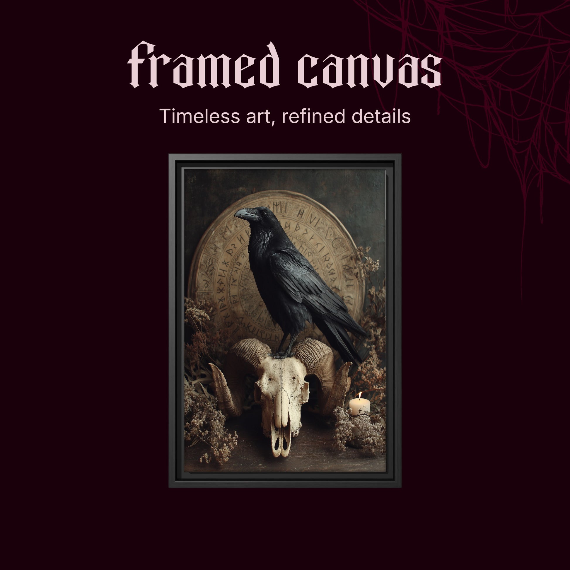 Hrafn shown as a black framed canvas on a deep red background beneath the heading Framed Canvas — Timeless art, refined details.