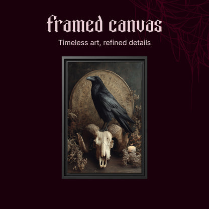 Hrafn shown as a black framed canvas on a deep red background beneath the heading Framed Canvas — Timeless art, refined details.
