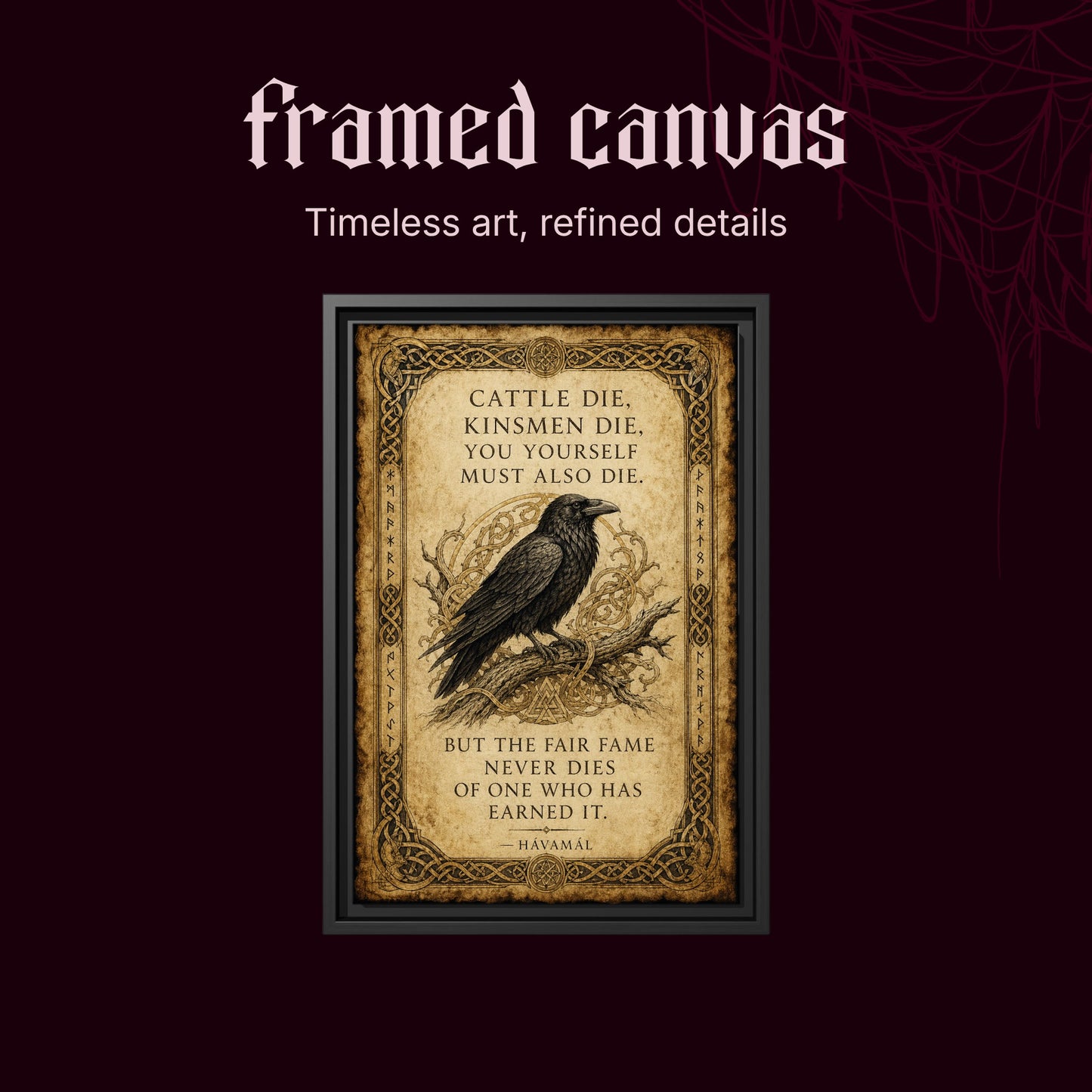 Hávamál shown as a black framed canvas on a deep red background beneath the heading Framed Canvas — Timeless art, refined details.