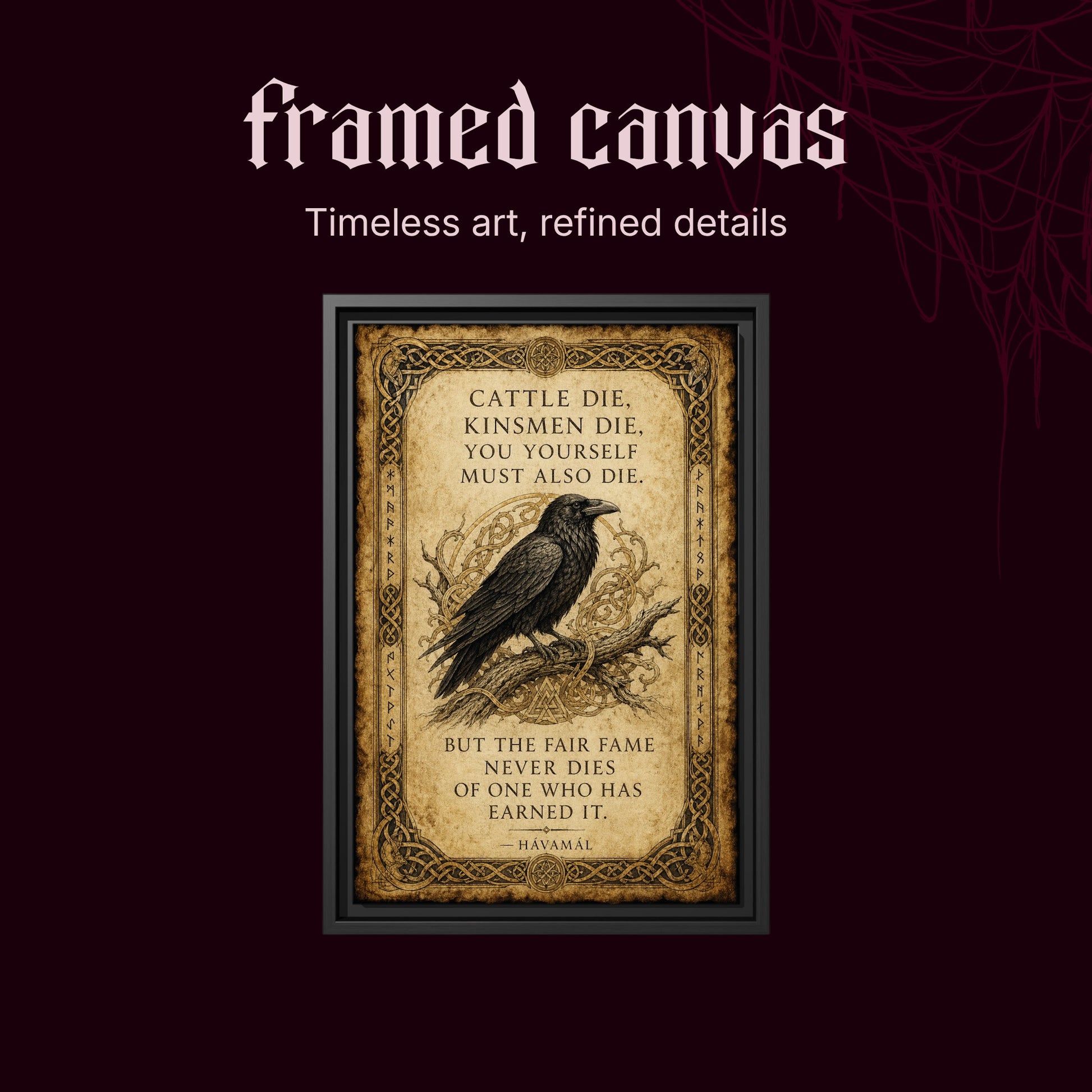 Hávamál shown as a black framed canvas on a deep red background beneath the heading Framed Canvas — Timeless art, refined details.