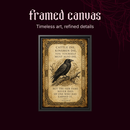Hávamál shown as a black framed canvas on a deep red background beneath the heading Framed Canvas — Timeless art, refined details.