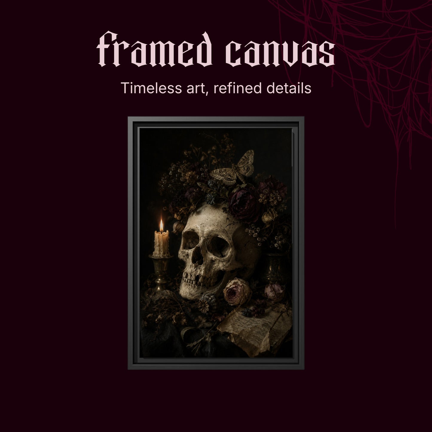 Requiem shown as a black framed canvas on a deep red background beneath the heading Framed Canvas — Timeless art, refined details.