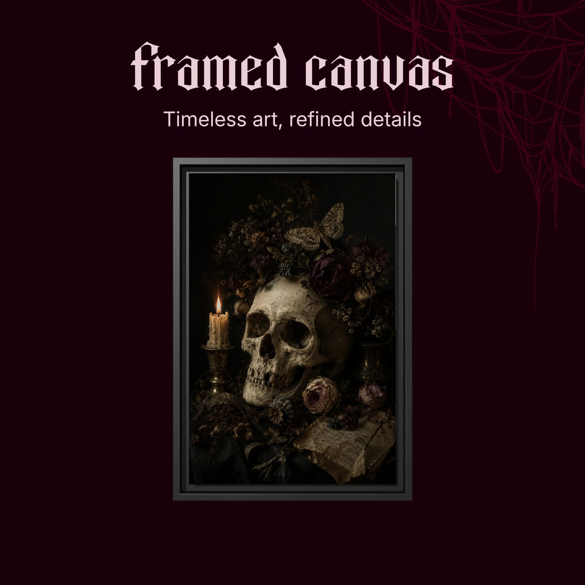 Requiem shown as a black framed canvas on a deep red background beneath the heading Framed Canvas — Timeless art, refined details.