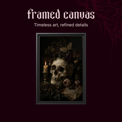 Requiem shown as a black framed canvas on a deep red background beneath the heading Framed Canvas — Timeless art, refined details.