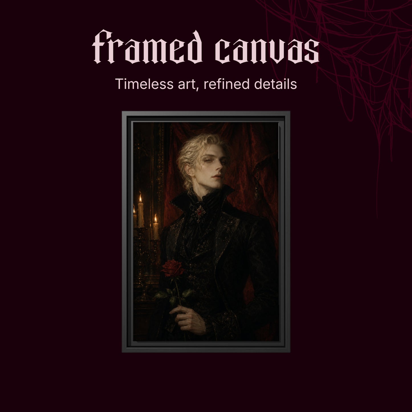 The Aesthete shown as a black framed canvas on a deep red background beneath the heading Framed Canvas — Timeless art, refined details.