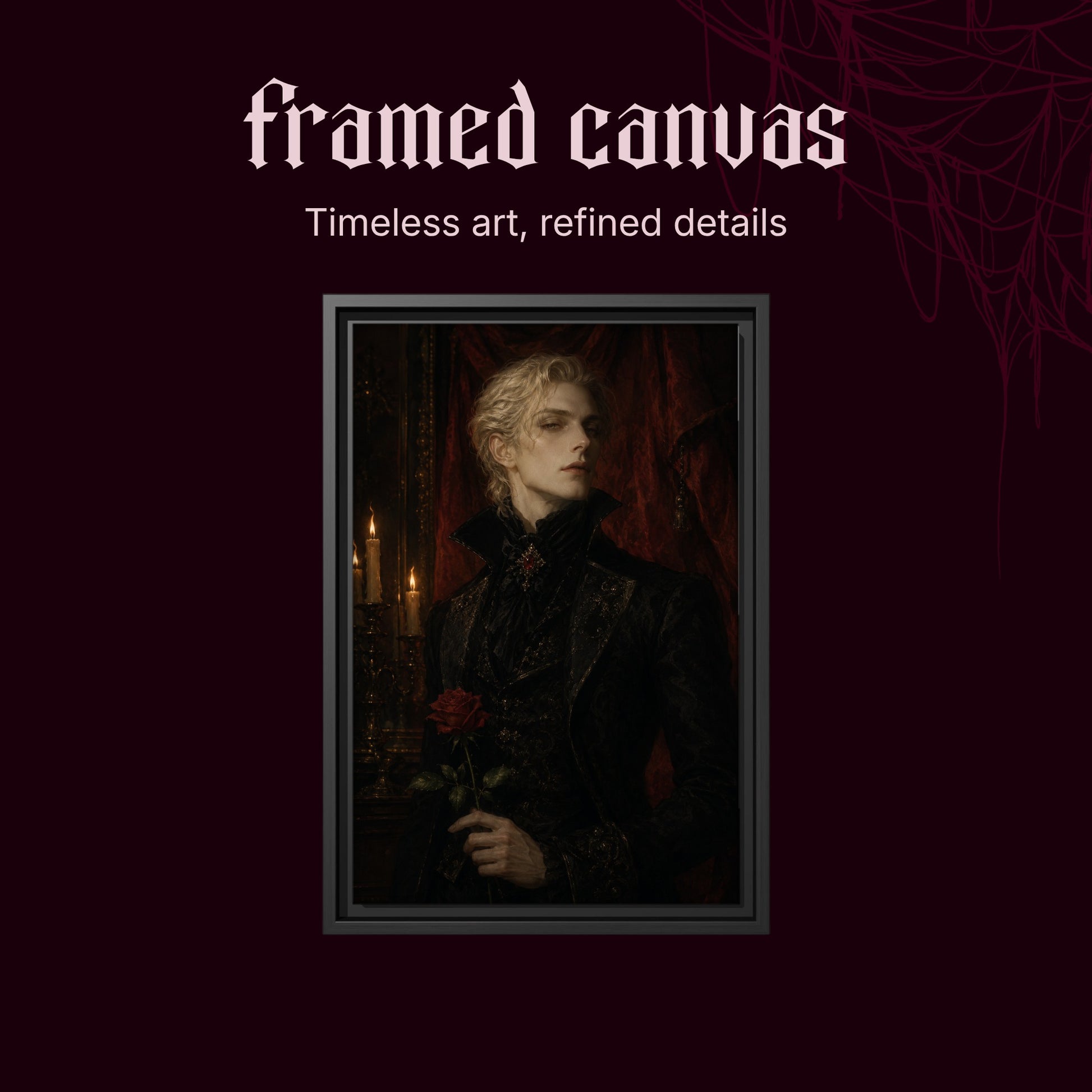 The Aesthete shown as a black framed canvas on a deep red background beneath the heading Framed Canvas — Timeless art, refined details.