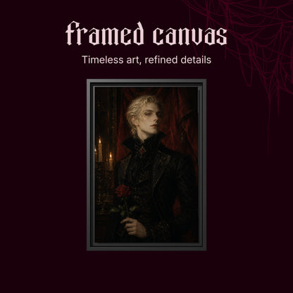 The Aesthete shown as a black framed canvas on a deep red background beneath the heading Framed Canvas — Timeless art, refined details.