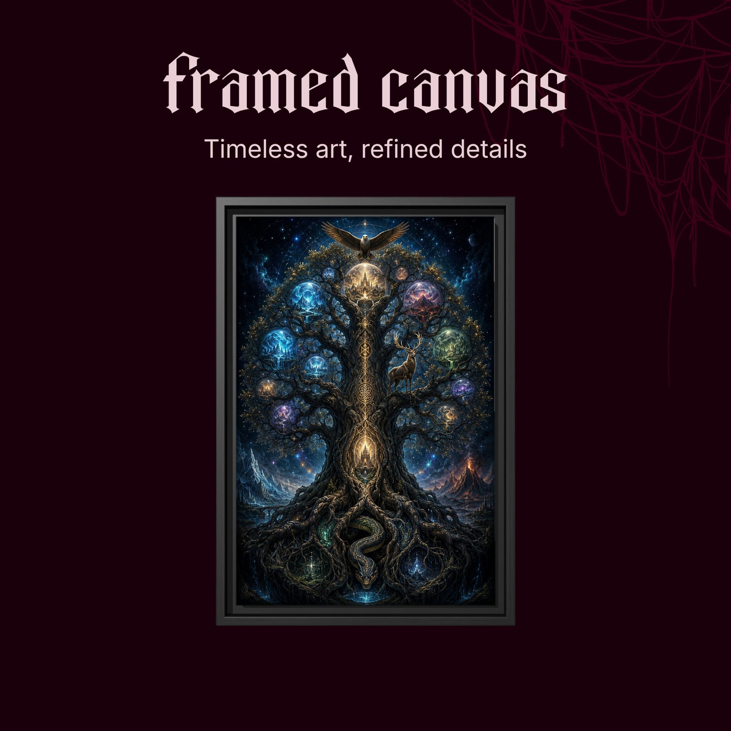 Yggdrasil shown as a black framed canvas on a deep red background beneath the heading Framed Canvas — Timeless art, refined details.