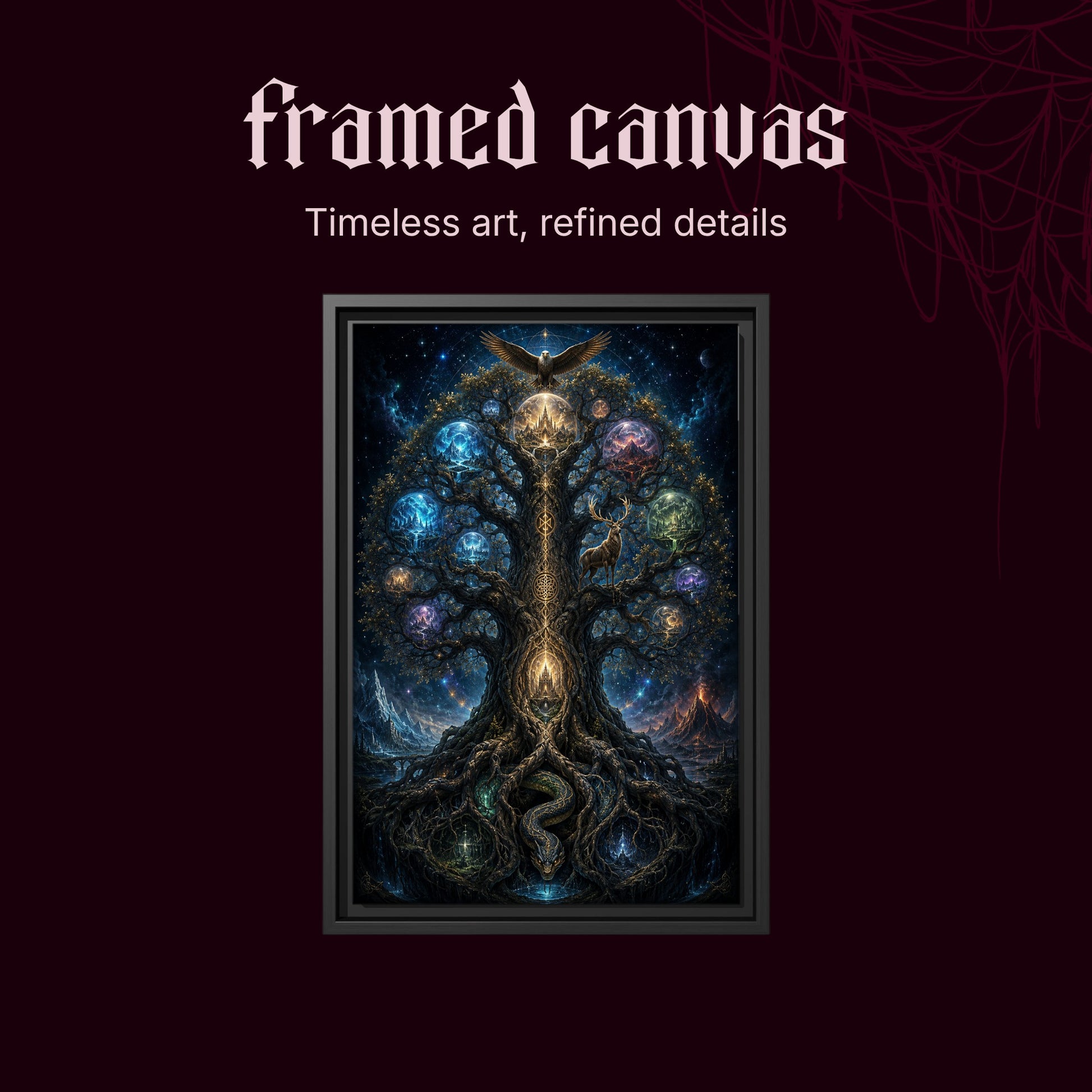 Yggdrasil shown as a black framed canvas on a deep red background beneath the heading Framed Canvas — Timeless art, refined details.