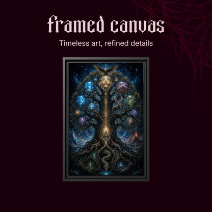 Yggdrasil shown as a black framed canvas on a deep red background beneath the heading Framed Canvas — Timeless art, refined details.