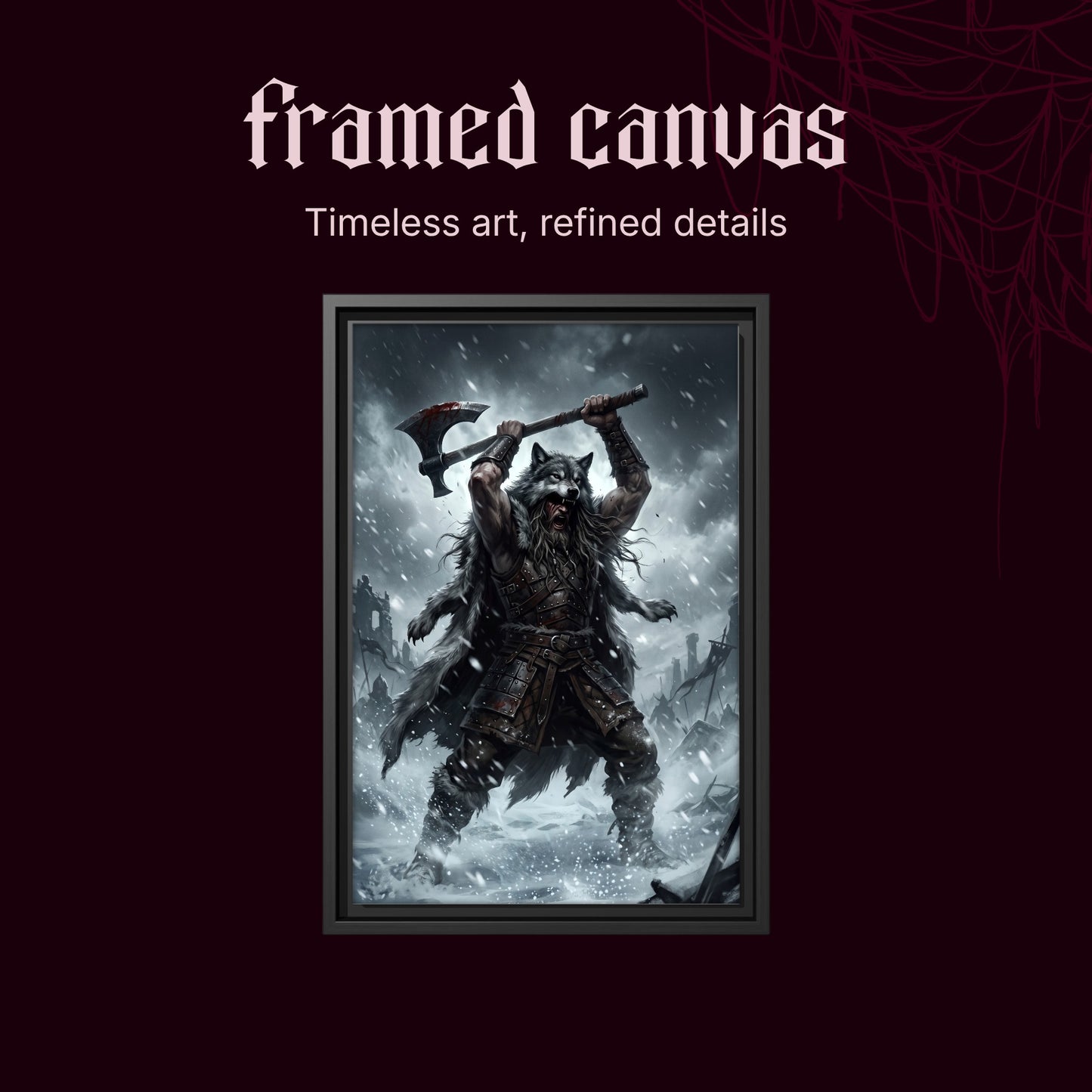 Berserker Rage shown as a black framed canvas on a deep red background beneath the heading Framed Canvas — Timeless art, refined details.