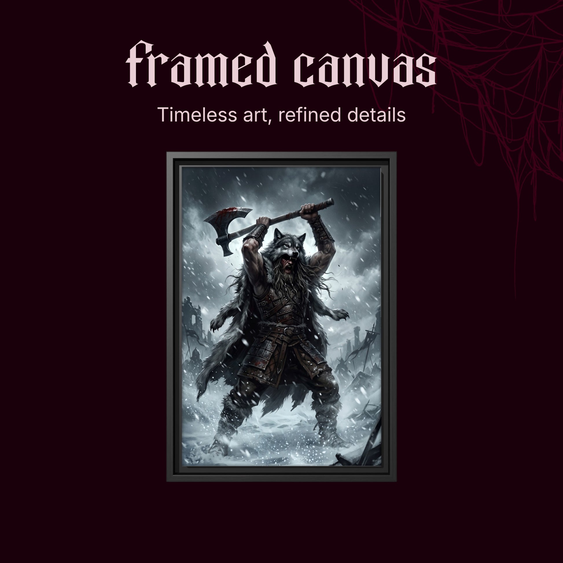 Berserker Rage shown as a black framed canvas on a deep red background beneath the heading Framed Canvas — Timeless art, refined details.