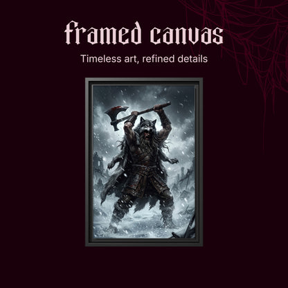 Berserker Rage shown as a black framed canvas on a deep red background beneath the heading Framed Canvas — Timeless art, refined details.