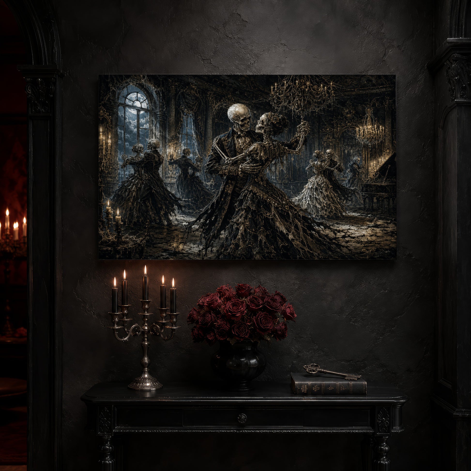 The Last Waltz canvas on a near-black wall above a carved black console table, with a five-arm silver candelabra of lit black tapers, a black vase of deep red roses, and an antique key resting on a leather-bound book.
