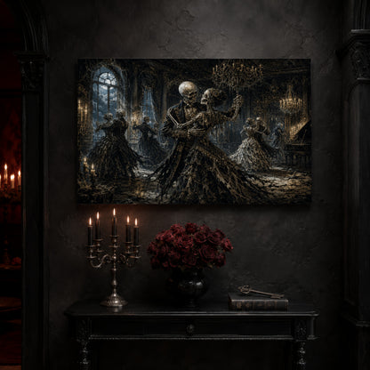 The Last Waltz canvas on a near-black wall above a carved black console table, with a five-arm silver candelabra of lit black tapers, a black vase of deep red roses, and an antique key resting on a leather-bound book.