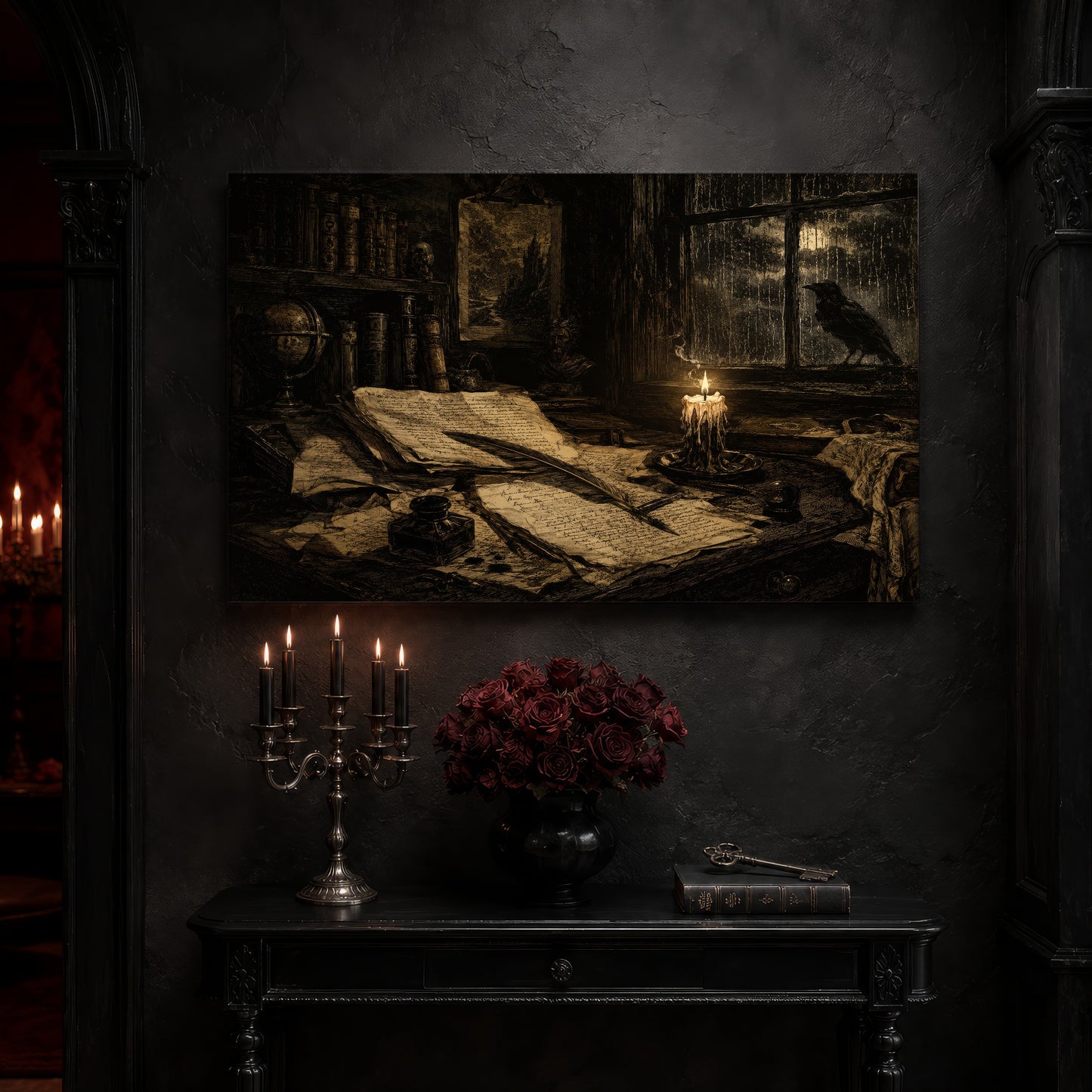 The Unfinished Letter canvas on a dark oxblood wall in a gothic entryway above a black console table, with a silver five-arm candelabra of lit tapers, a bouquet of dark red roses in a black vase, an antique key resting on a book, and a red velvet curtain.