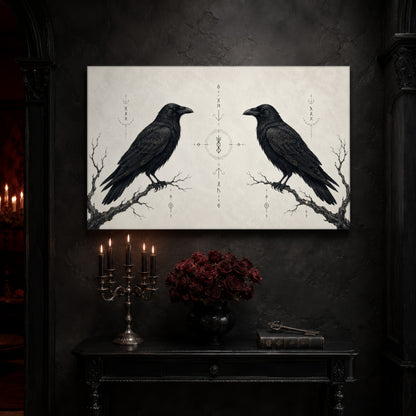 Huginn & Muninn canvas on a near-black wall above a carved black console table, with a five-arm silver candelabra of lit black tapers, a black vase of deep red roses, and an antique key resting on a leather-bound book.