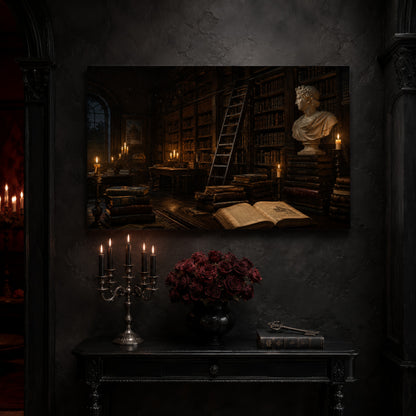 The Small Hours library canvas on a near-black wall above a carved black console table, with a five-arm silver candelabra of lit black tapers, a black vase of deep red roses, and an antique key resting on a leather-bound book.