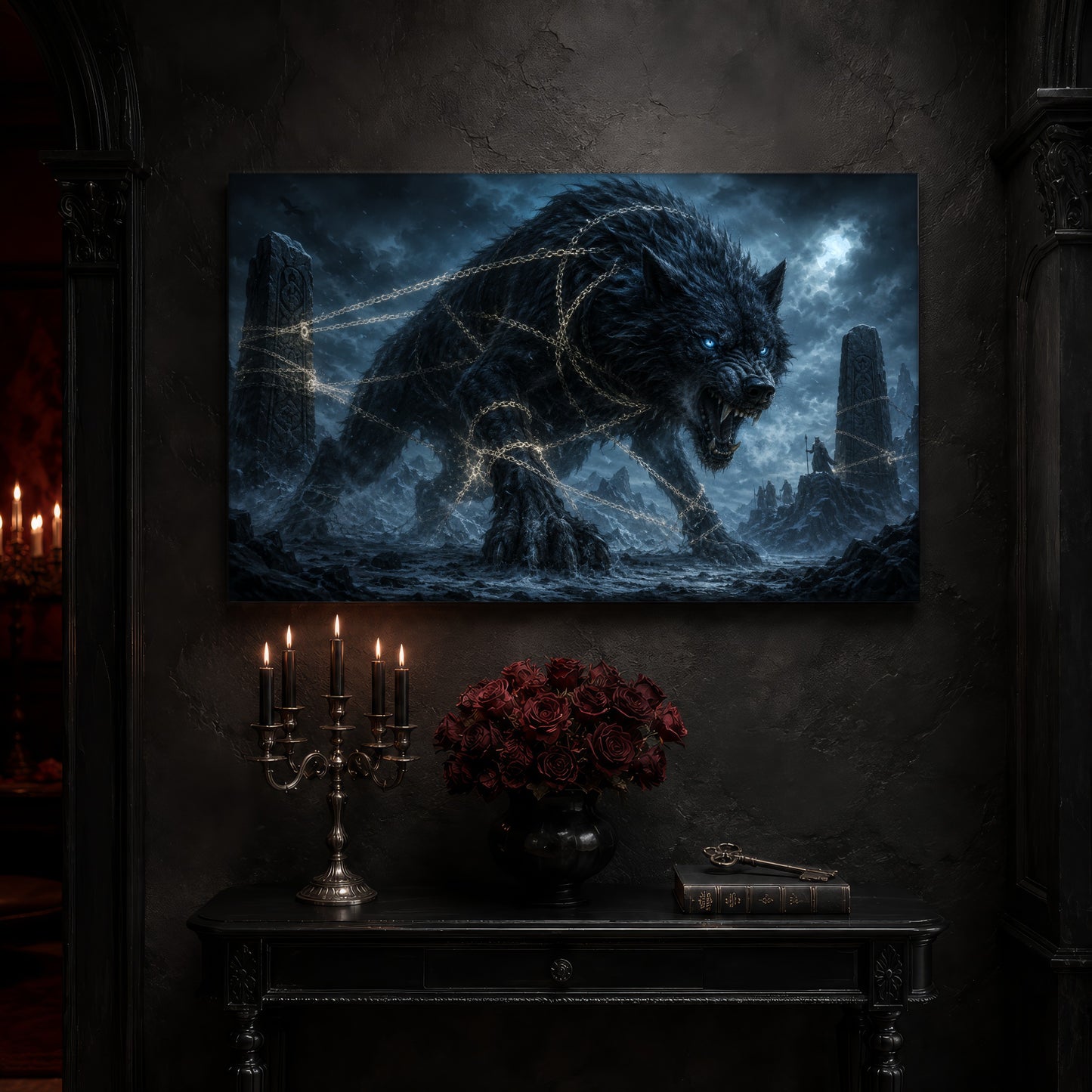 Fenrir canvas on a near-black wall above a carved black console table, with a five-arm silver candelabra of lit black tapers, a black vase of deep red roses, and an antique key resting on a leather-bound book.