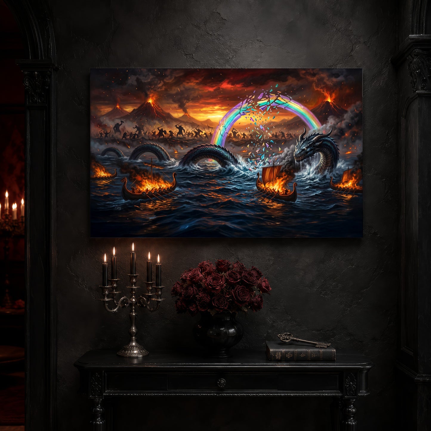 Ragnarök canvas on a near-black wall above a carved black console table, with a five-arm silver candelabra of lit black tapers, a black vase of deep red roses, and an antique key resting on a leather-bound book.