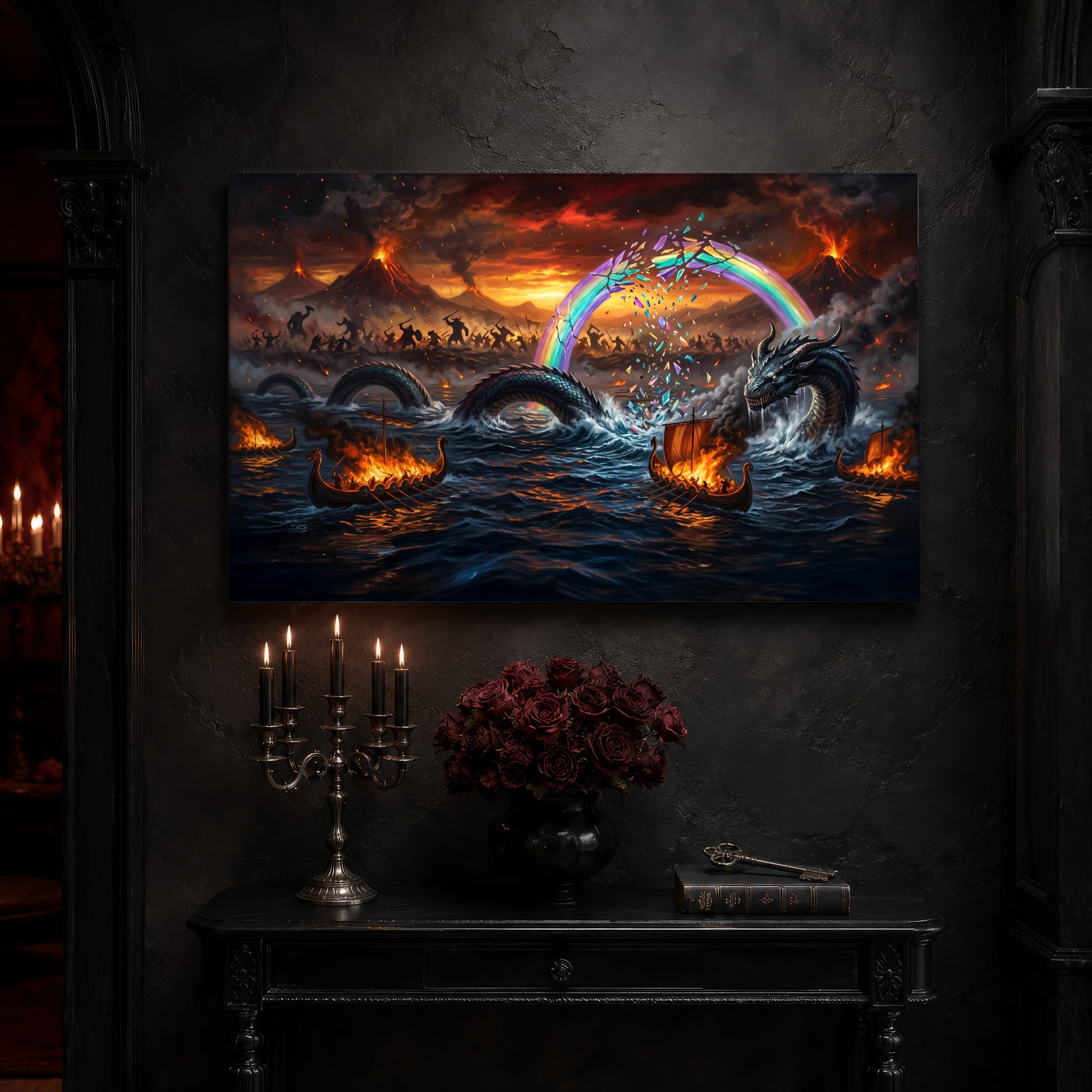 Ragnarök canvas on a near-black wall above a carved black console table, with a five-arm silver candelabra of lit black tapers, a black vase of deep red roses, and an antique key resting on a leather-bound book.