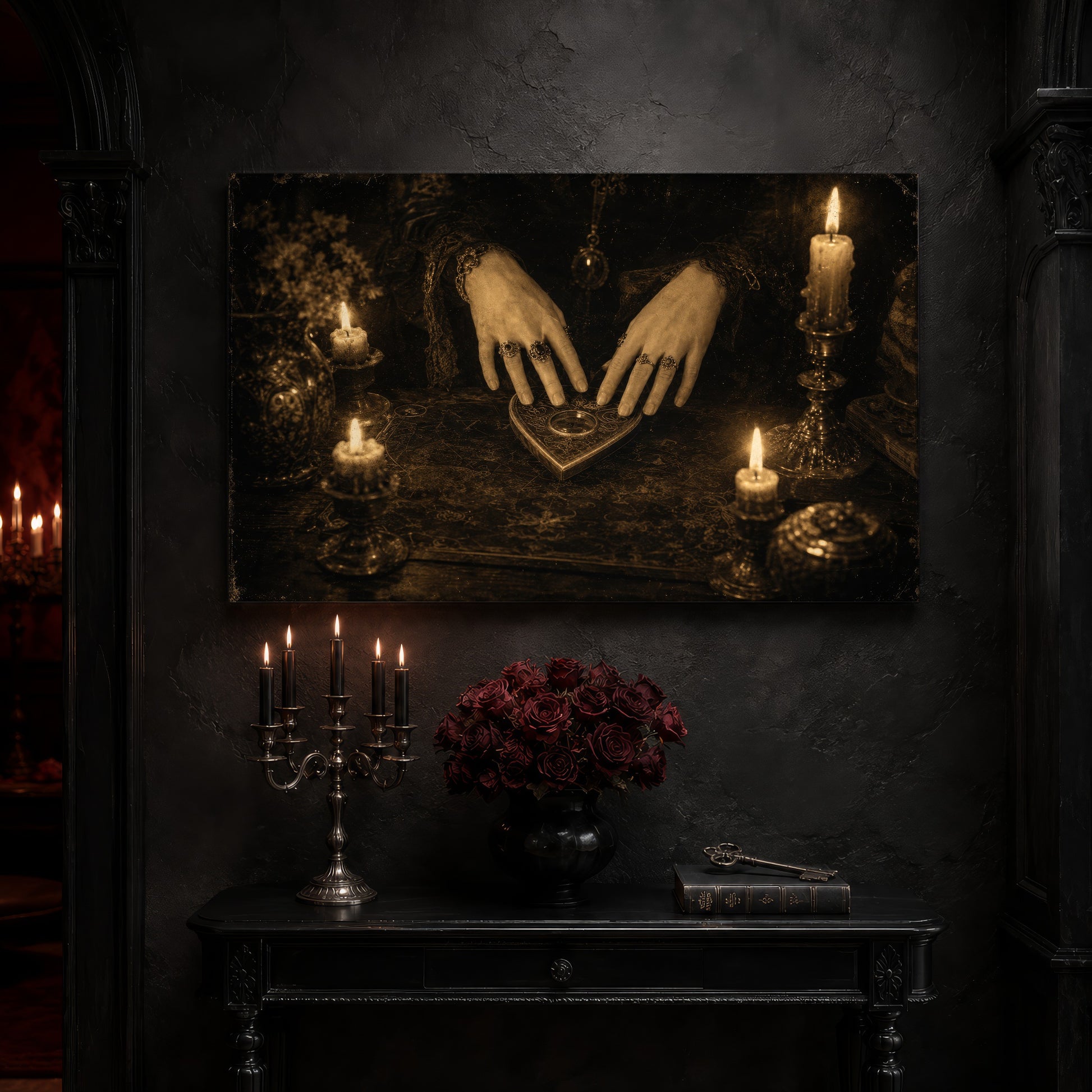 Midnight Communion canvas on a dark stone wall in a gothic entryway, above a black console table set with a five-arm silver candelabra of lit black tapers, an antique skeleton key resting on a dark leather book, and a black vase of red roses beside a burgundy velvet curtain.