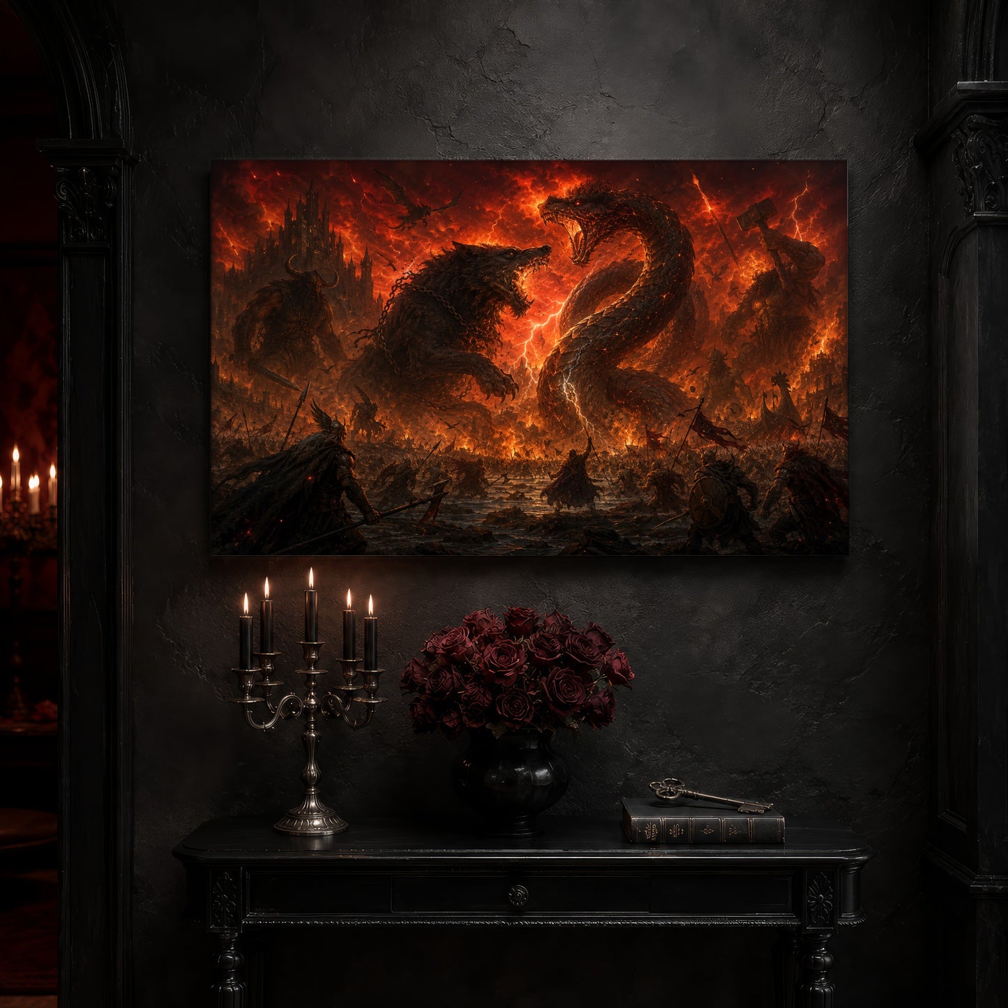Twilight of the Gods canvas on a near-black wall above a carved black console table, with a five-arm silver candelabra of lit black tapers, a black vase of deep red roses, and an antique key resting on a leather-bound book.