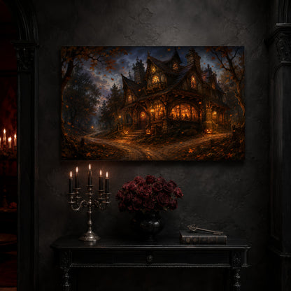 Lantern's End Inn timber tavern canvas on a dark slate stone wall above a black console table, with a five-arm silver candelabra of lit black tapers, an antique iron key resting on a worn leather book, and a black vase of dark red roses beside a burgundy velvet curtain.