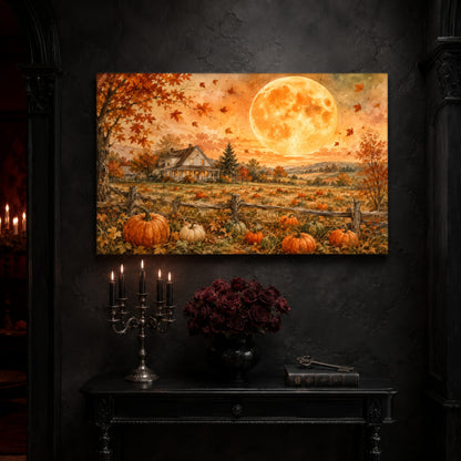 Homestead Moonrise canvas on a dark stone wall above a black console table, framed by a wrought-iron candelabra of lit tapers, an antique key resting on a leather book, and a black vase of dark roses beside a burgundy curtain.