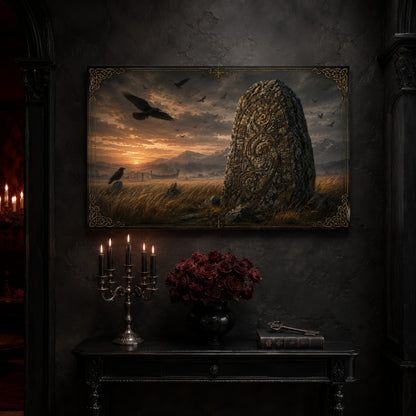 The Harvest Stone canvas on a near-black wall above a carved black console table, with a five-arm silver candelabra of lit black tapers, a black vase of deep red roses, and an antique key resting on a leather-bound book.