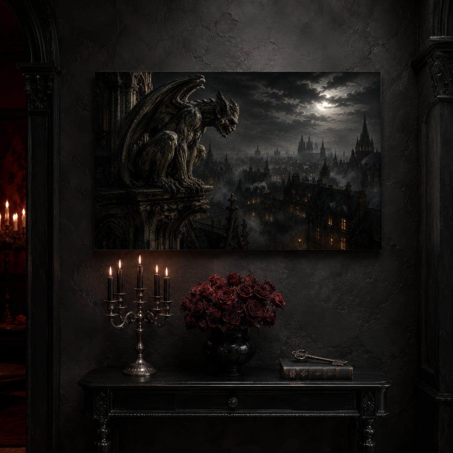 Nightwatch | Gargoyle Wall Art | Gothic City Skyline Canvas | Foggy Rooftop Moon Print | Wide Dark Academia Decor