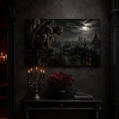 Nightwatch | Gargoyle Wall Art | Gothic City Skyline Canvas | Foggy Rooftop Moon Print | Wide Dark Academia Decor