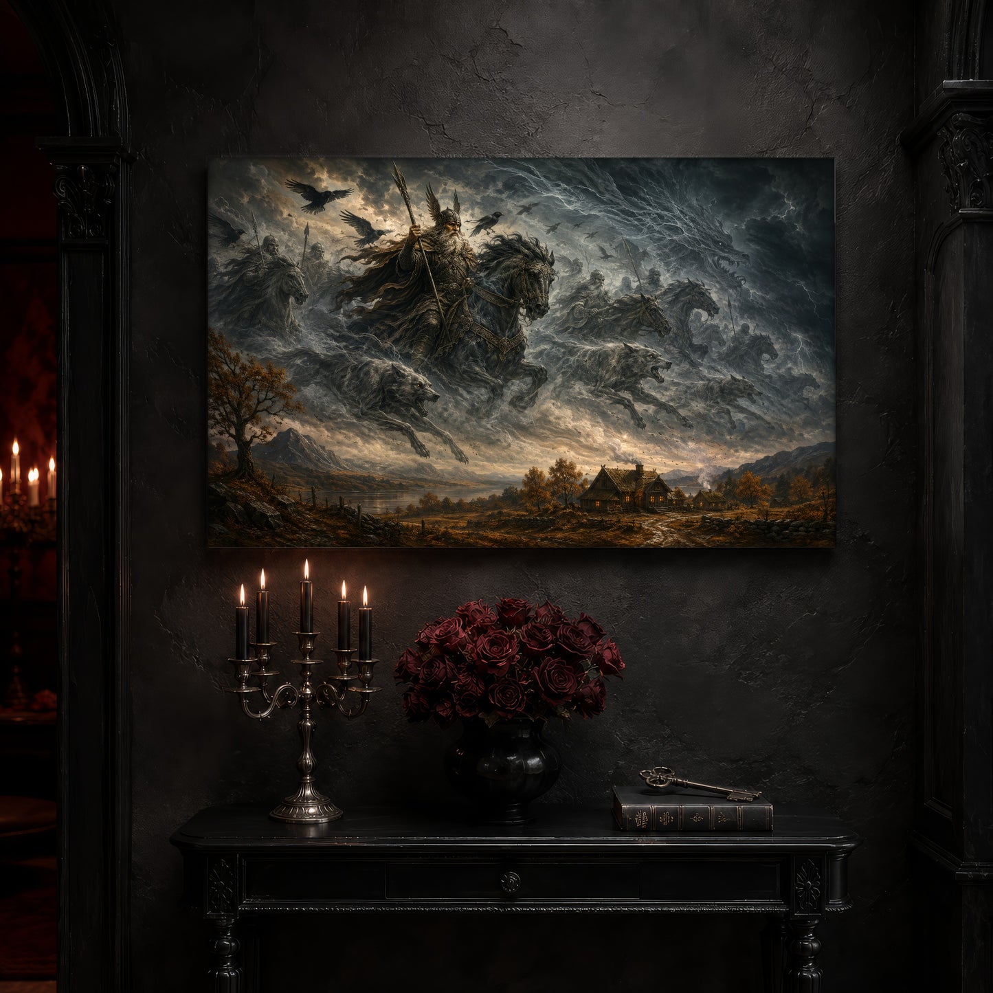 Oskoreia canvas on a near-black wall above a carved black console table, with a five-arm silver candelabra of lit black tapers, a black vase of deep red roses, and an antique key resting on a leather-bound book.
