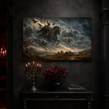 Oskoreia canvas on a near-black wall above a carved black console table, with a five-arm silver candelabra of lit black tapers, a black vase of deep red roses, and an antique key resting on a leather-bound book.
