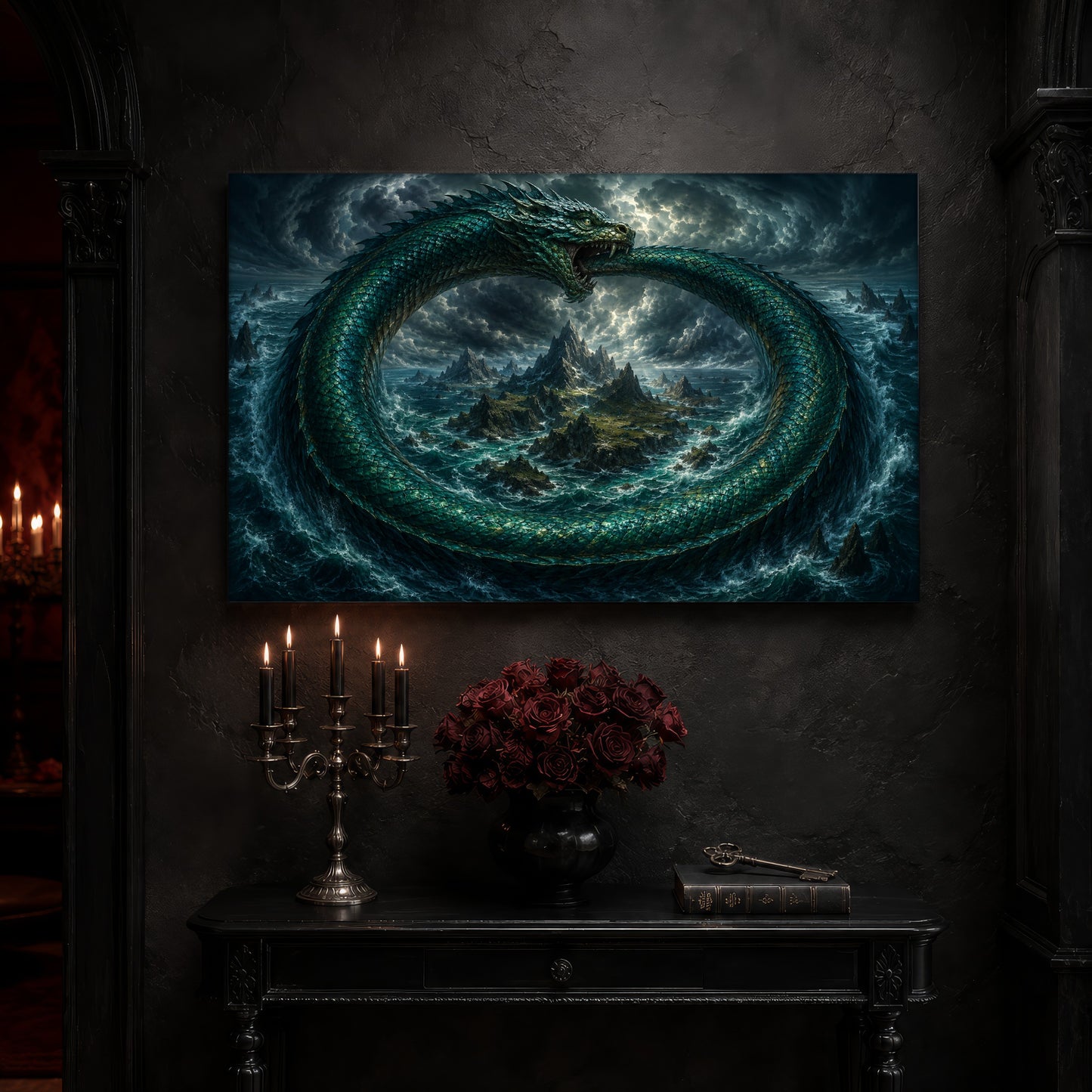 Jörmungandr canvas on a near-black wall above a carved black console table, with a five-arm silver candelabra of lit black tapers, a black vase of deep red roses, and an antique key resting on a leather-bound book.