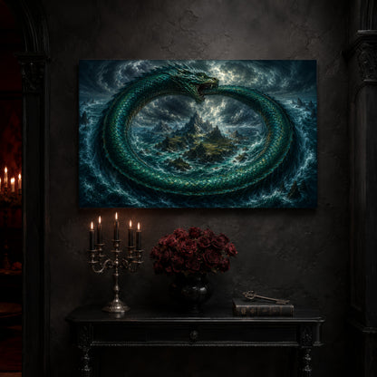 Jörmungandr canvas on a near-black wall above a carved black console table, with a five-arm silver candelabra of lit black tapers, a black vase of deep red roses, and an antique key resting on a leather-bound book.