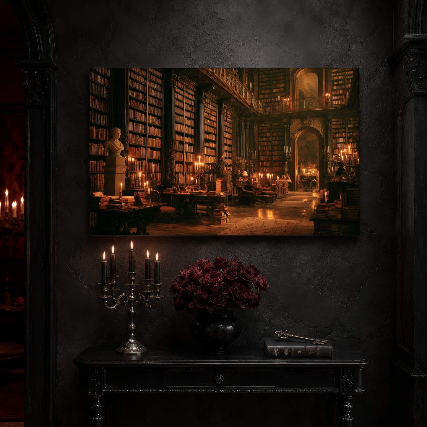 The Long Gallery canvas on a near-black wall above a carved black console table, with a five-arm silver candelabra of lit black tapers, a black vase of deep red roses, and an antique key resting on a leather-bound book.
