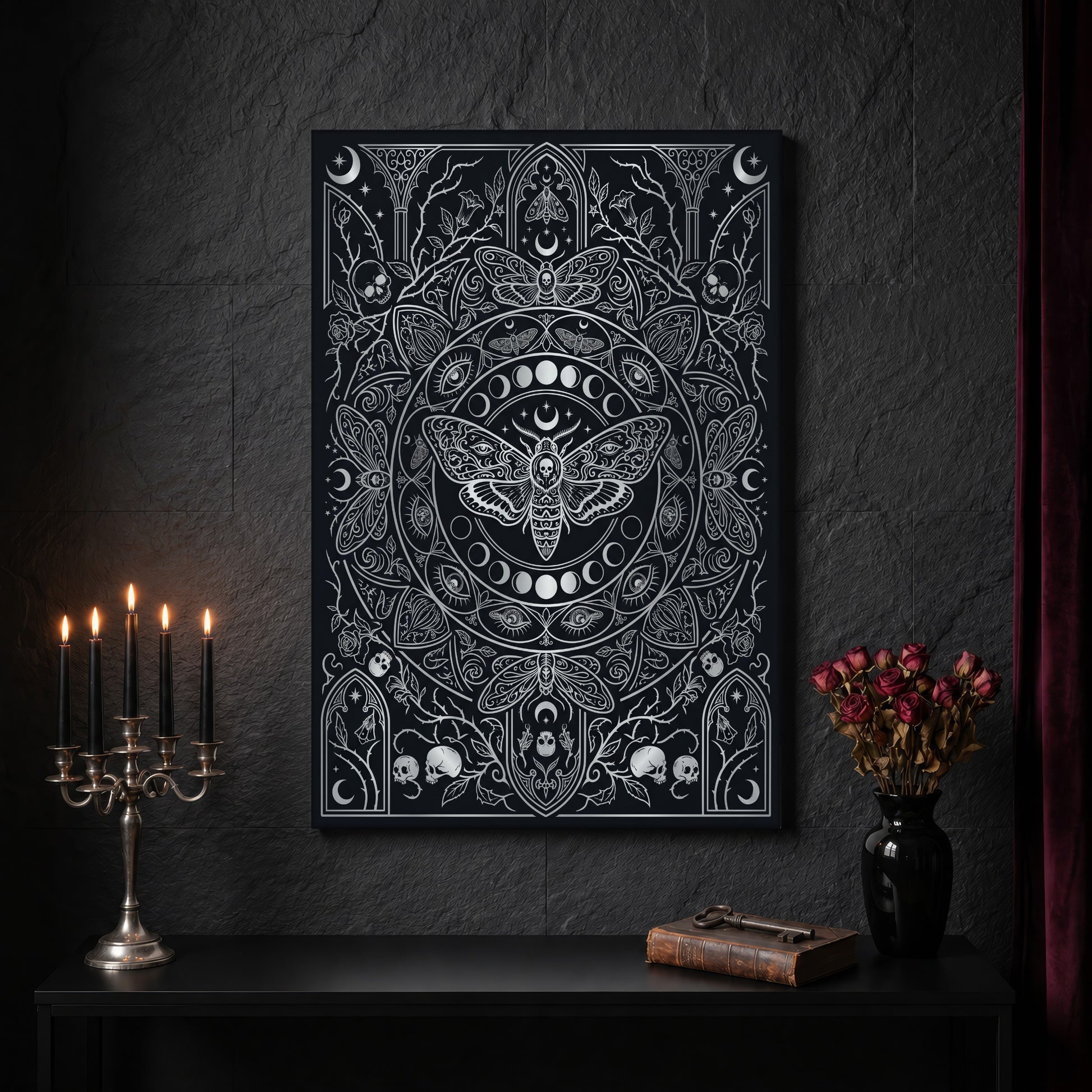 Vanitas gothic engraving canvas on a dark slate stone wall above a black console table, with a five-arm silver candelabra of lit black tapers, an antique iron key resting on a worn leather book, and a black vase of dried roses beside a burgundy velvet curtain.