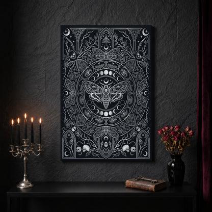 Vanitas gothic engraving canvas on a dark slate stone wall above a black console table, with a five-arm silver candelabra of lit black tapers, an antique iron key resting on a worn leather book, and a black vase of dried roses beside a burgundy velvet curtain.