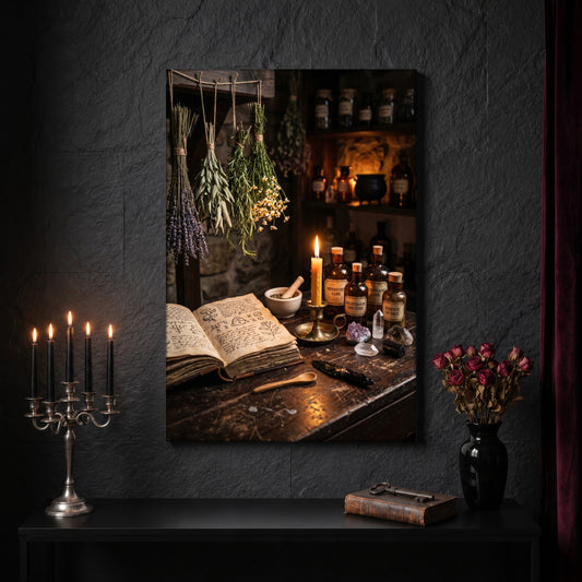 The Herbal witchy canvas on a dark slate stone wall above a black console table, with a five-arm silver candelabra of lit black tapers, an antique iron key resting on a worn leather book, and a black vase of dried roses beside a burgundy velvet curtain.