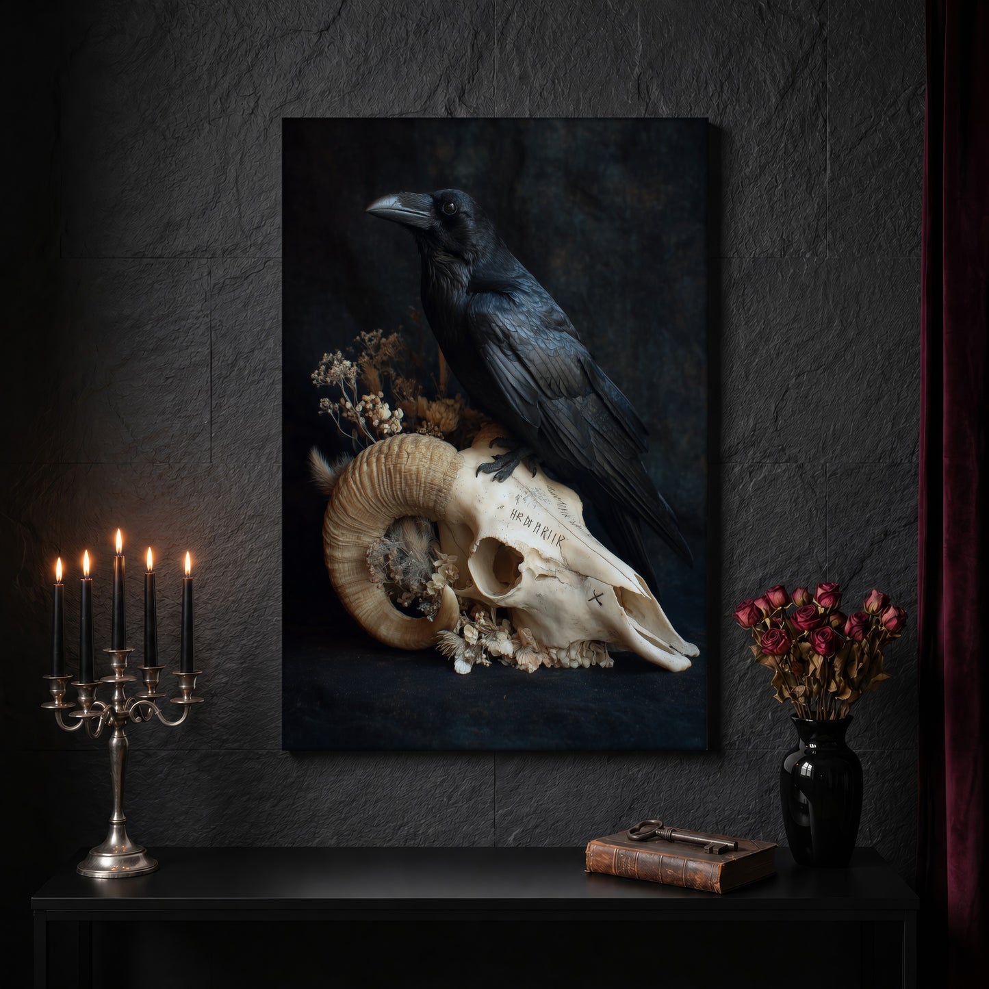 Hel raven canvas on a dark slate stone wall above a black console table, with a five-arm silver candelabra of lit black tapers, an antique iron key resting on a worn leather book, and a black vase of dried roses beside a burgundy velvet curtain.