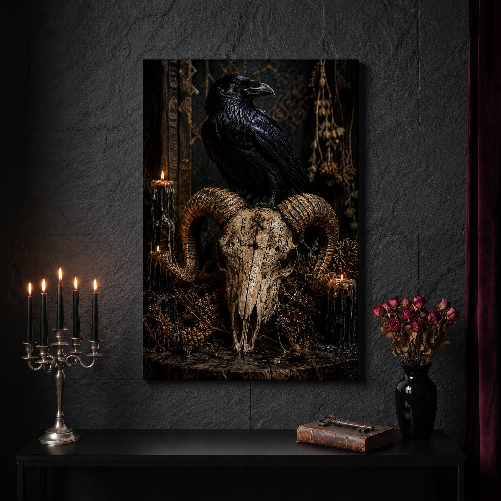 Valravn canvas on a dark slate stone wall above a black console table, with a five-arm silver candelabra of lit black tapers, an antique iron key resting on a worn leather book, and a black vase of dried roses beside a burgundy velvet curtain.
