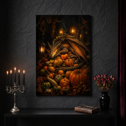 The Pumpkin Den canvas on a dark slate stone wall above a black console table, with a five-arm silver candelabra of lit black tapers, an antique iron key resting on a worn leather book, and a black vase of dried roses beside a burgundy velvet curtain.