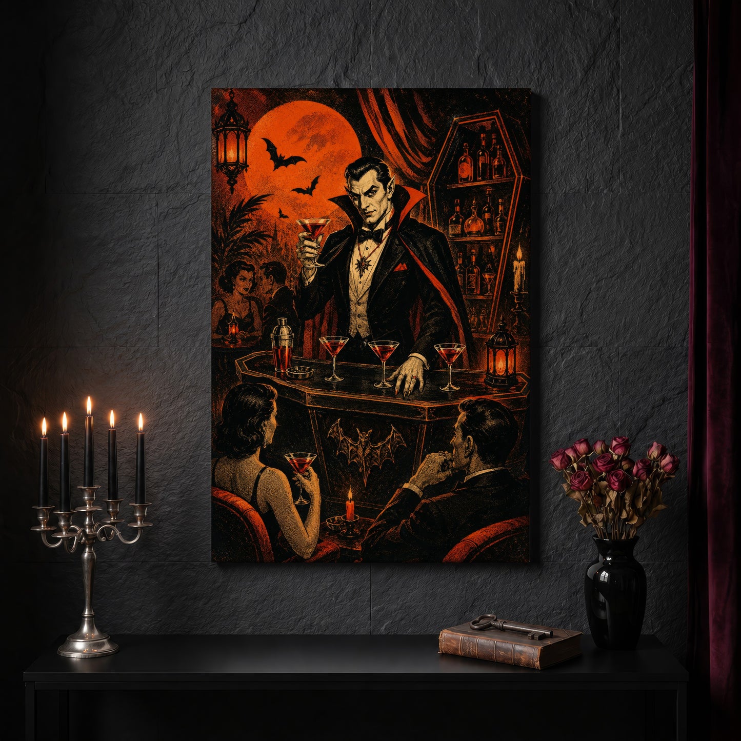 Shaken Not Staked vampire bartender canvas on a dark slate stone wall above a black console table, with a five-arm silver candelabra of lit black tapers, an antique iron key resting on a worn leather book, and a black vase of dried roses beside a burgundy velvet curtain.