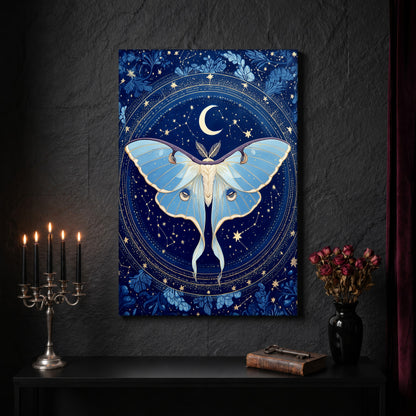 The Blue Hour celestial canvas on a dark slate stone wall above a black console table, with a five-arm silver candelabra of lit black tapers, an antique iron key resting on a worn leather book, and a black vase of dried roses beside a burgundy velvet curtain.