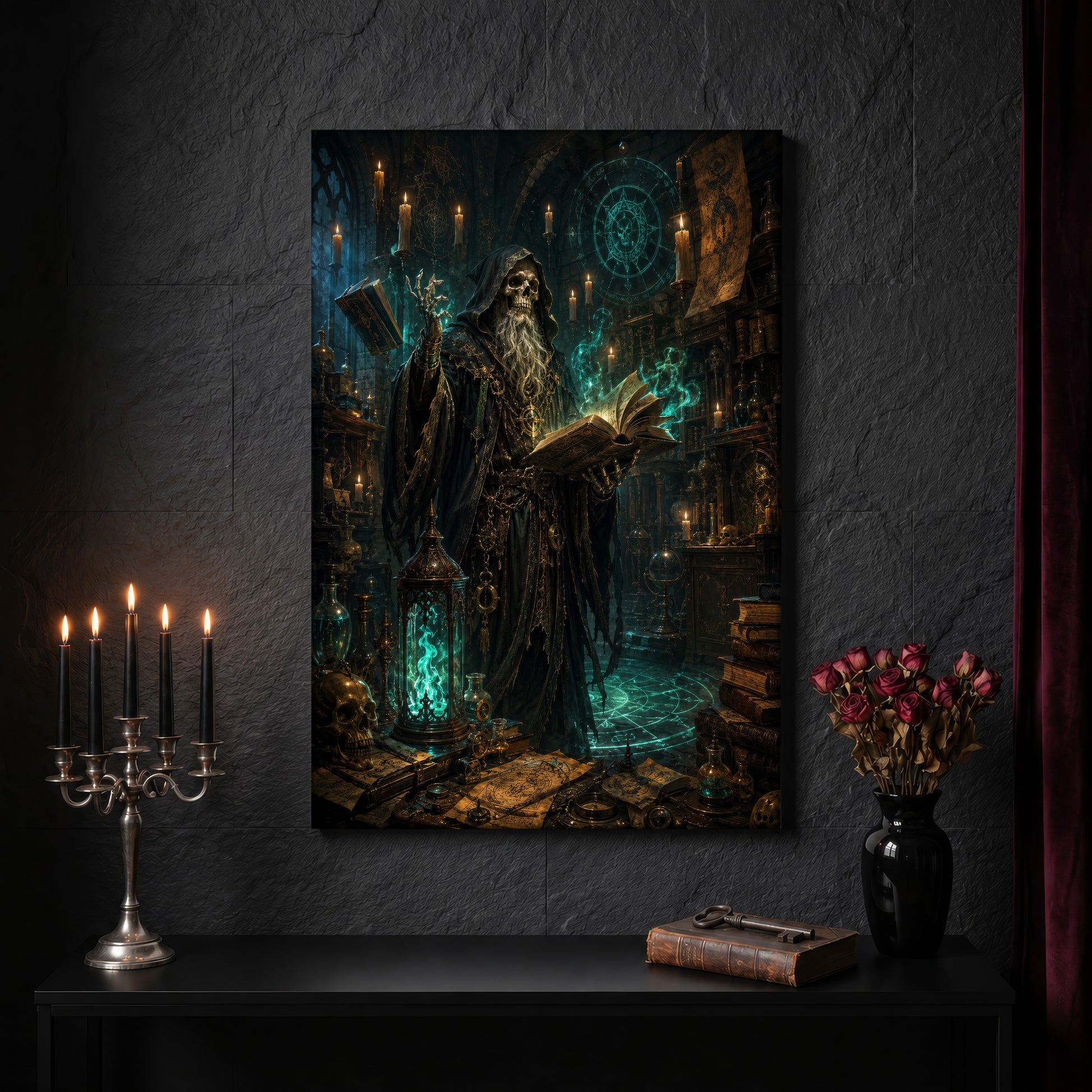 The Hollow Archivist canvas on a dark slate stone wall above a black console table, with a five-arm silver candelabra of lit black tapers, an antique iron key resting on a worn leather book, and a black vase of dark roses beside a burgundy velvet curtain.