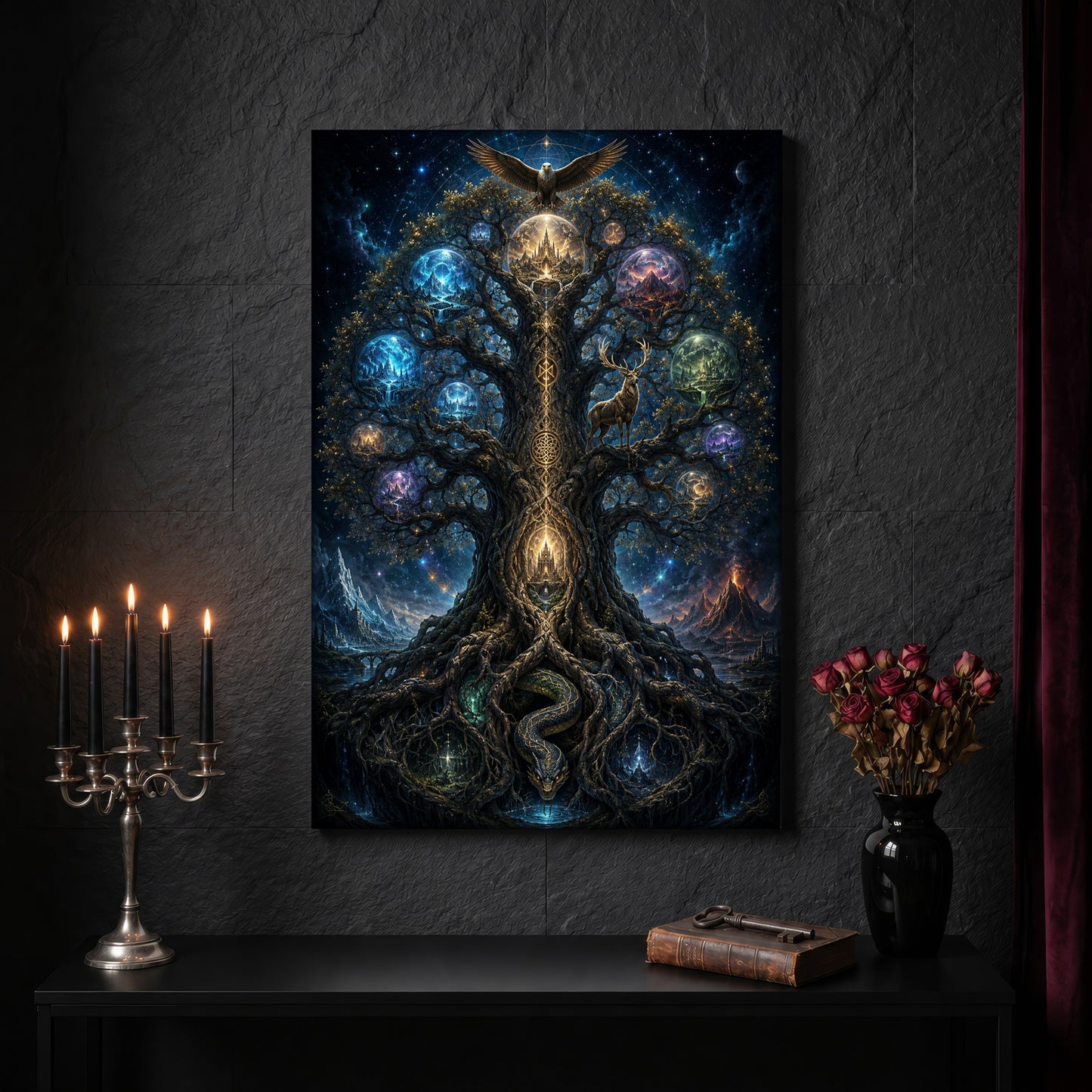 Yggdrasil canvas on a dark slate stone wall above a black console table, with a five-arm silver candelabra of lit black tapers, an antique iron key resting on a worn leather book, and a black vase of dried roses beside a burgundy velvet curtain.