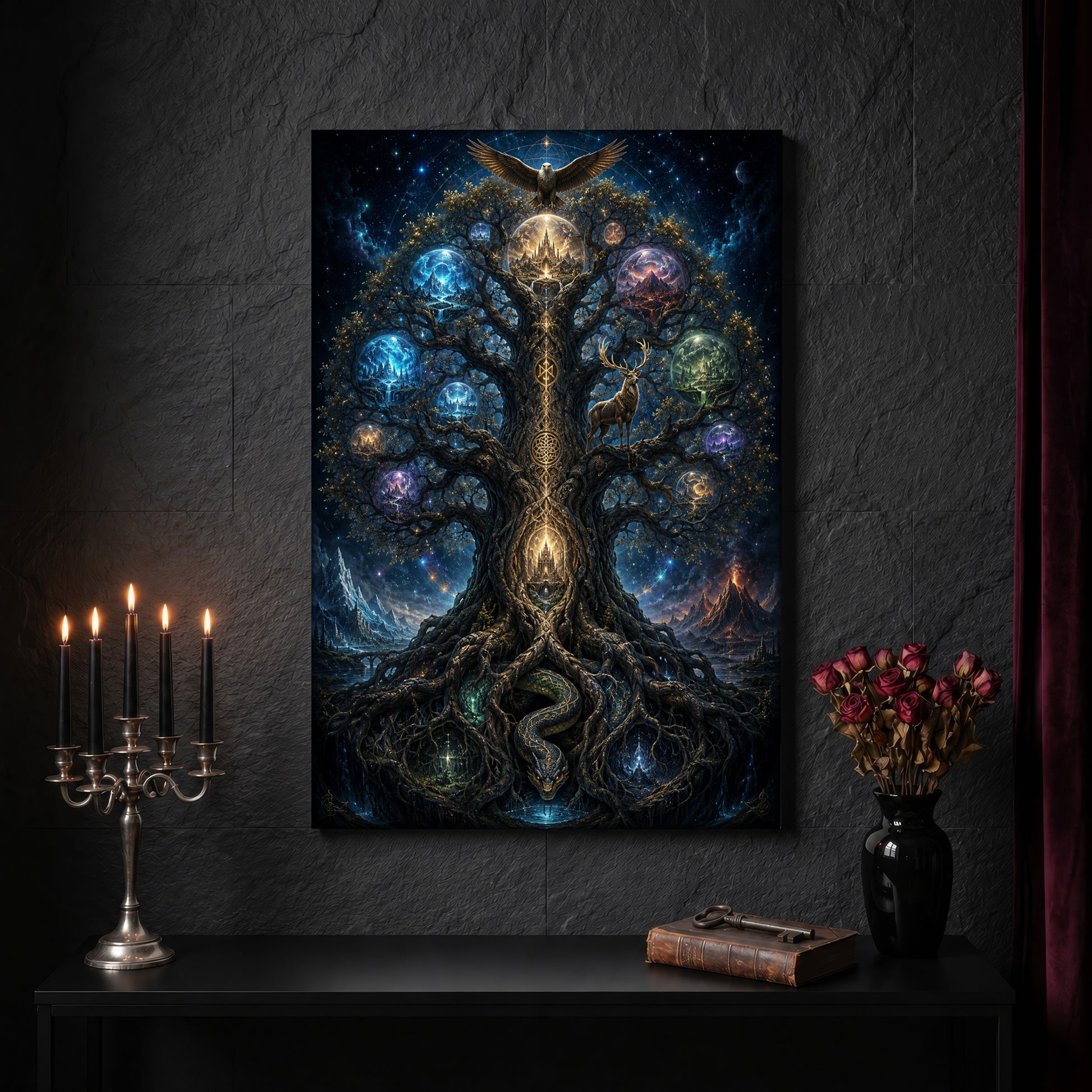 Yggdrasil canvas on a dark slate stone wall above a black console table, with a five-arm silver candelabra of lit black tapers, an antique iron key resting on a worn leather book, and a black vase of dried roses beside a burgundy velvet curtain.